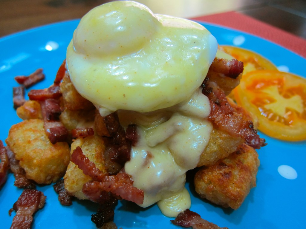 Tater Tot and Bacon Eggs Benedict 